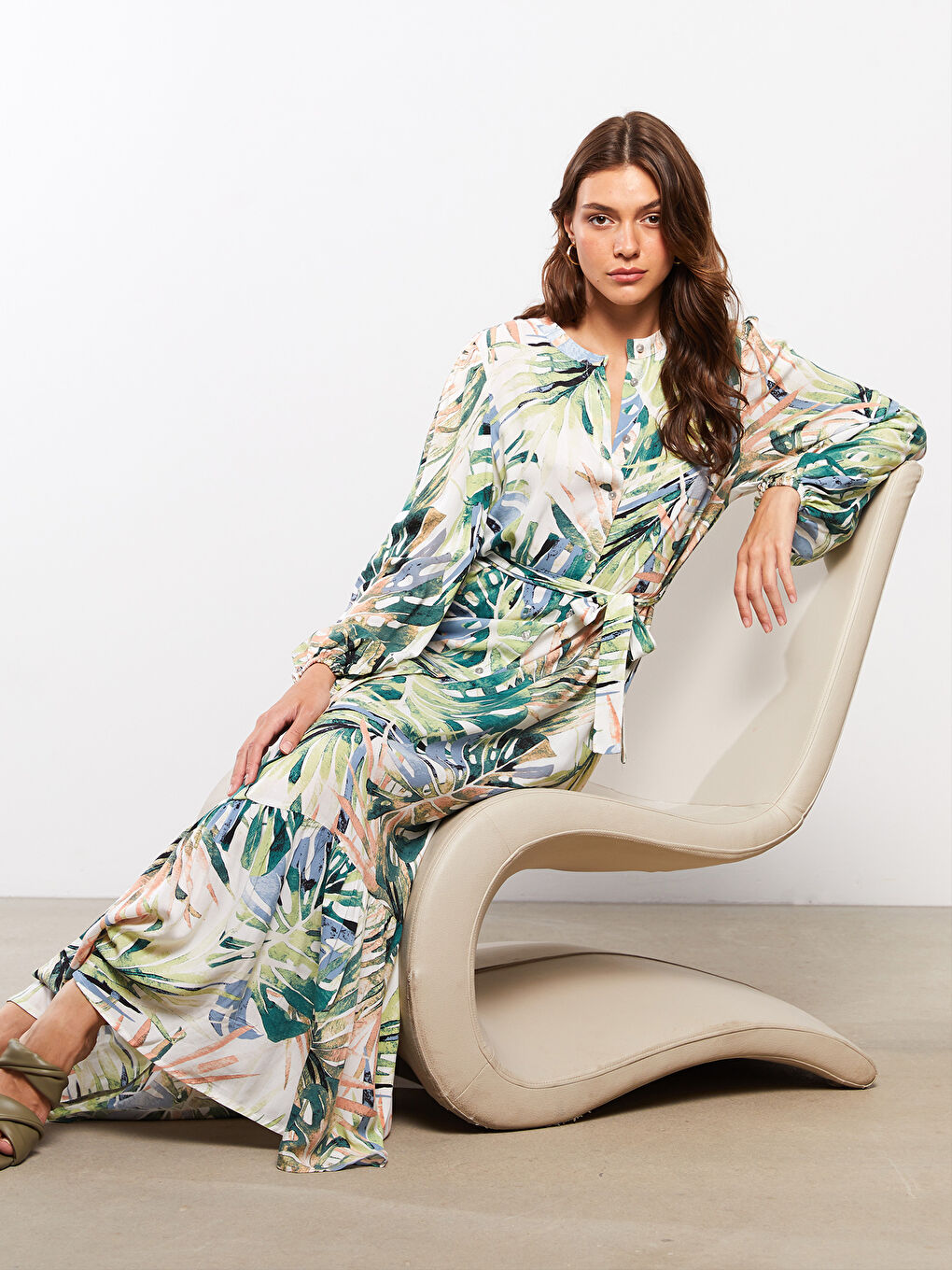 Crew Neck Patterned Long Sleeve Viscose Women Shirt Dress