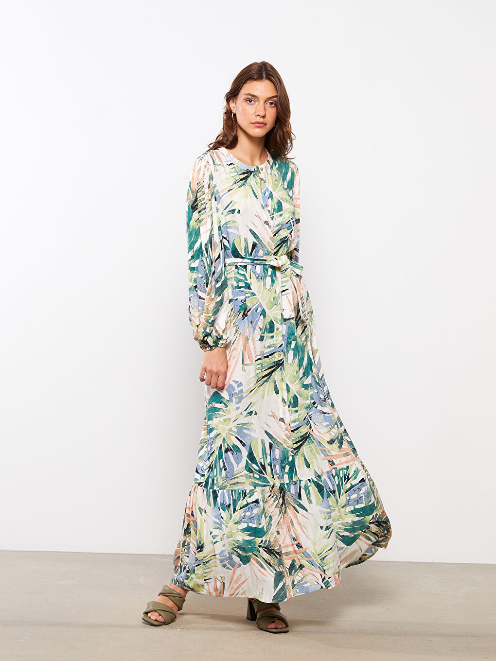 Crew Neck Patterned Long Sleeve Viscose Women Shirt Dress-1