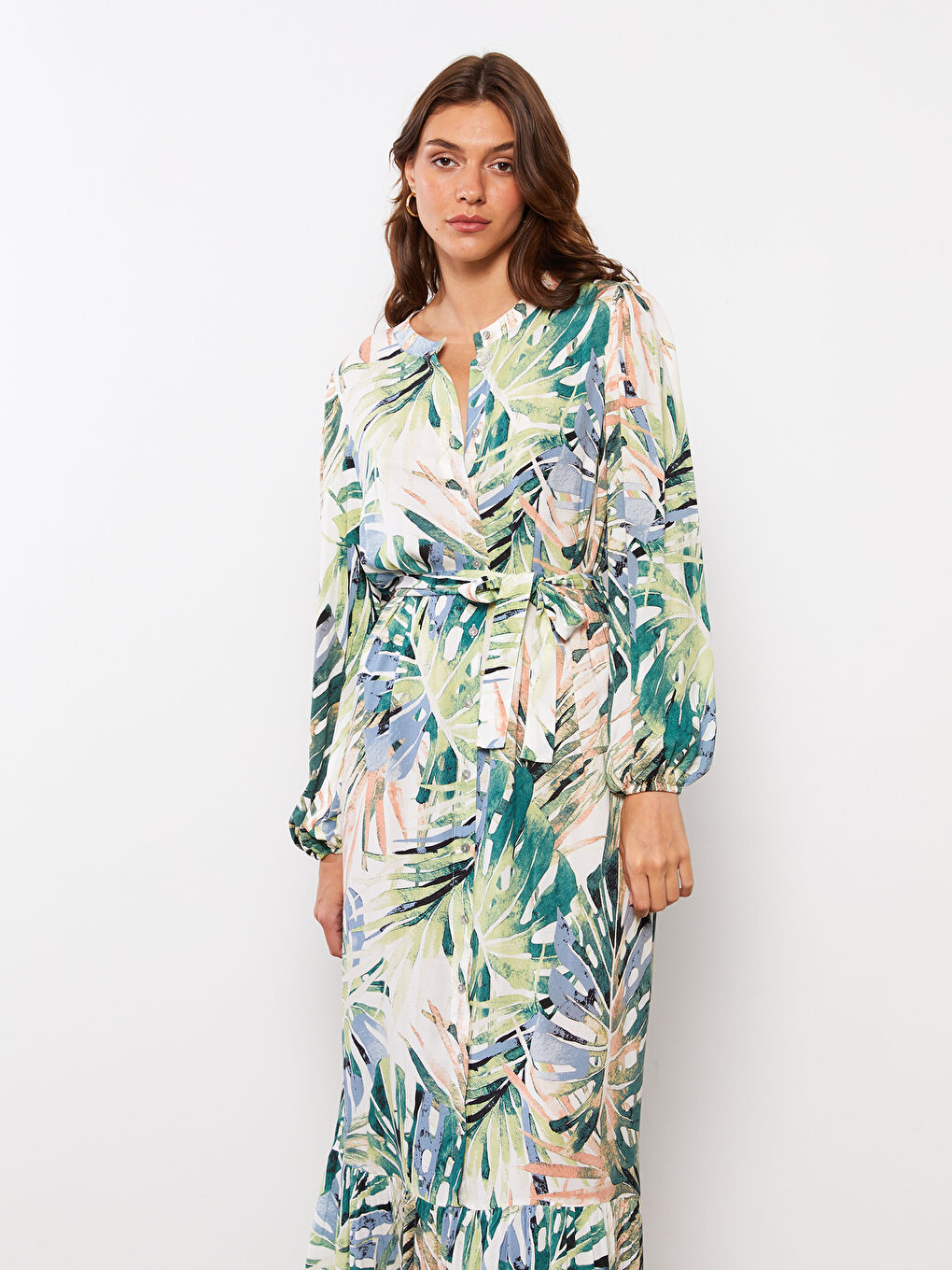 Crew Neck Patterned Long Sleeve Viscose Women Shirt Dress-2