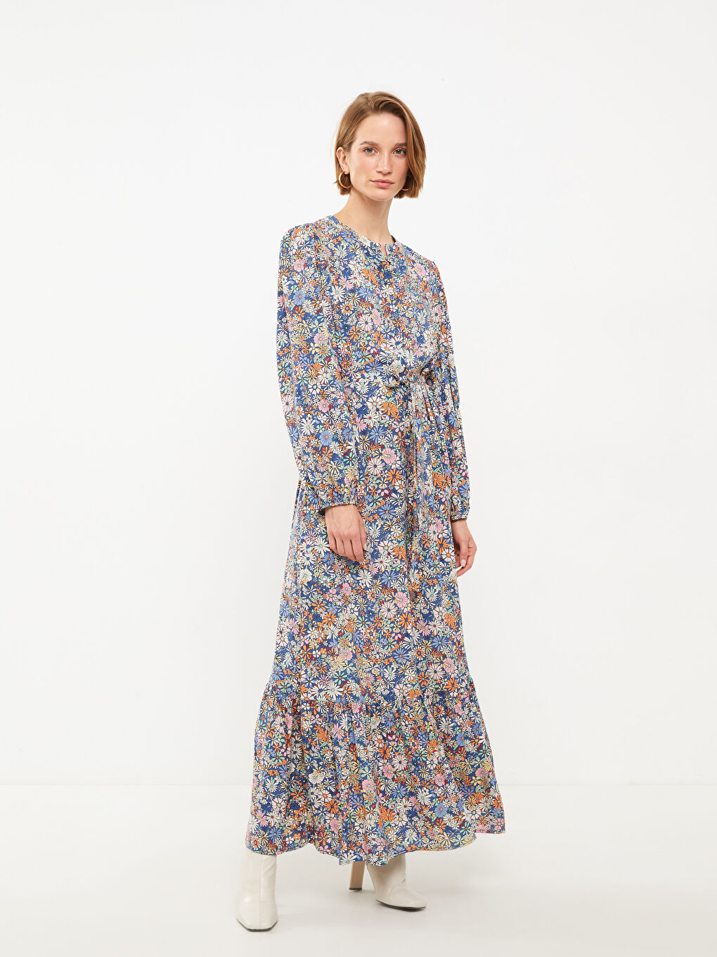 Crew Neck Patterned Long Sleeve Viscose Women Shirt Dress