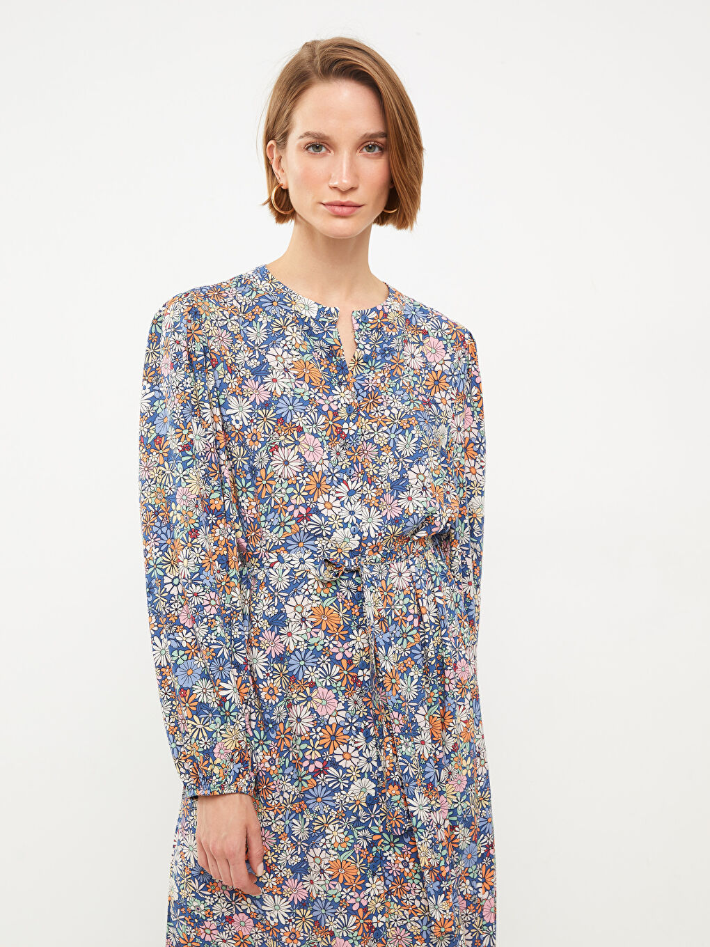 Crew Neck Patterned Long Sleeve Viscose Women Shirt Dress-1