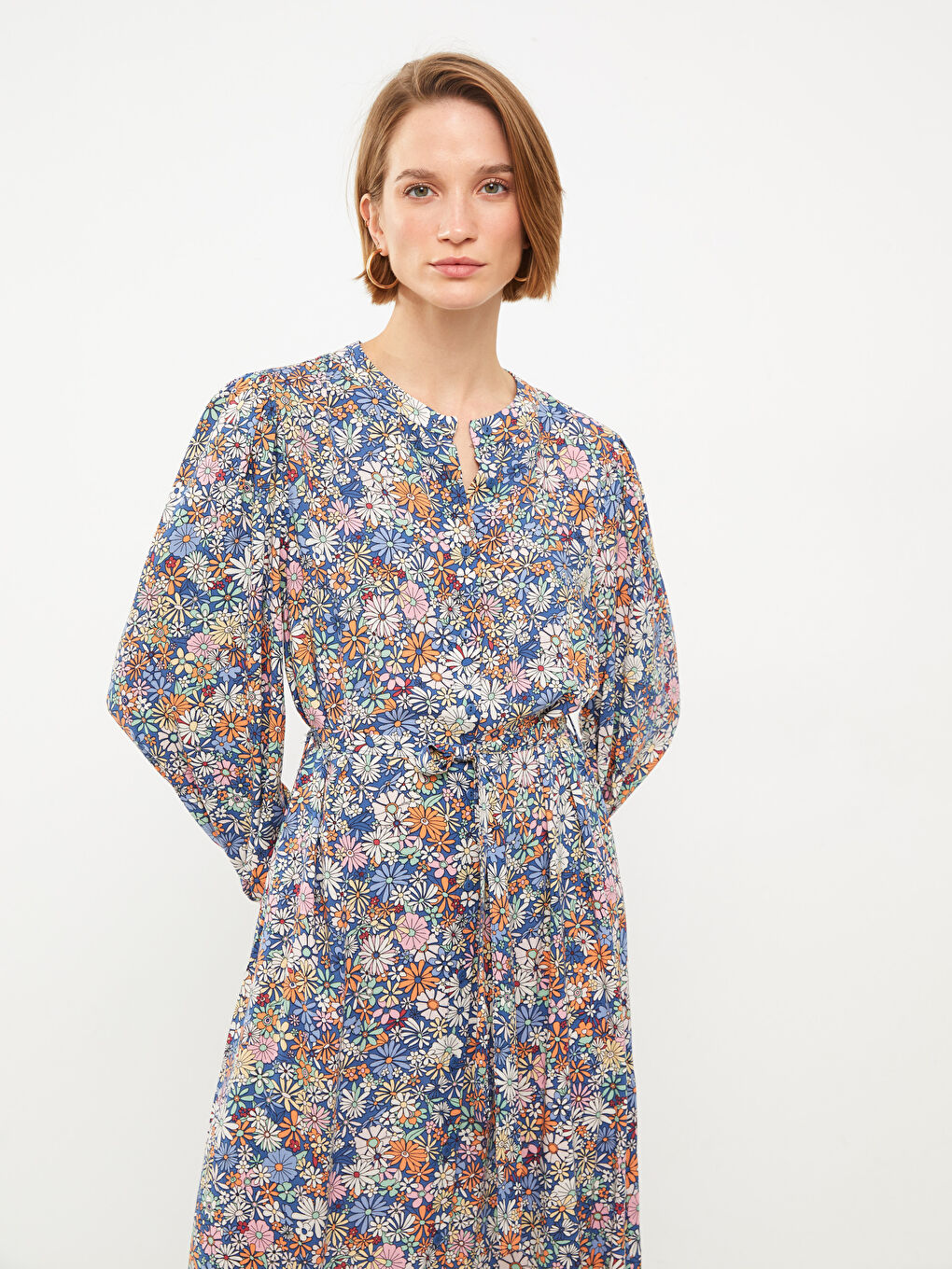Crew Neck Patterned Long Sleeve Viscose Women Shirt Dress-2