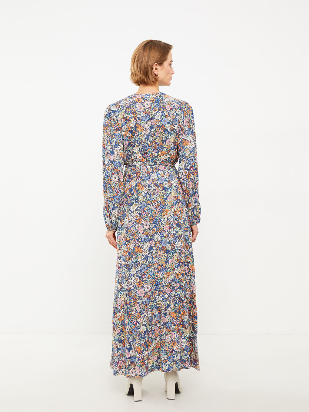 Crew Neck Patterned Long Sleeve Viscose Women Shirt Dress-4