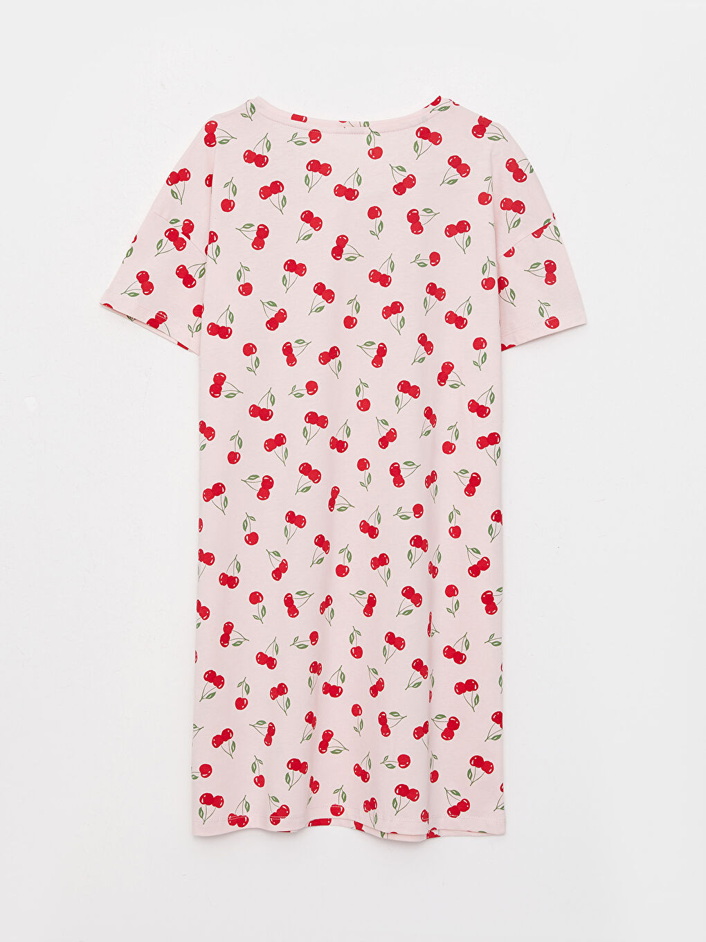Pembe Bisiklet Yaka Desenli Kısa Kollu Pamuklu Kadın Gecelik-6