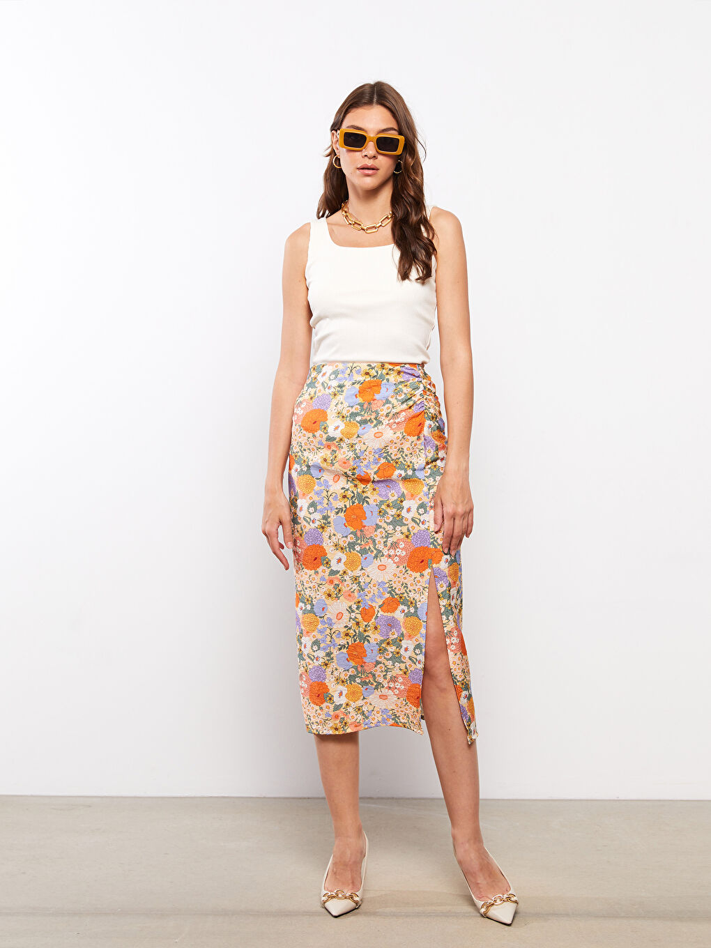 Karışık Beli Fermuarlı Çiçekli A Kesim Kadın Etek