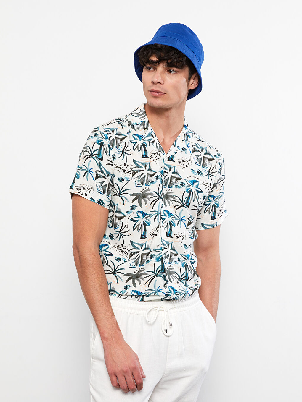 Bej Slim Fit Kısa Kollu Desenli Viskon Erkek Gömlek