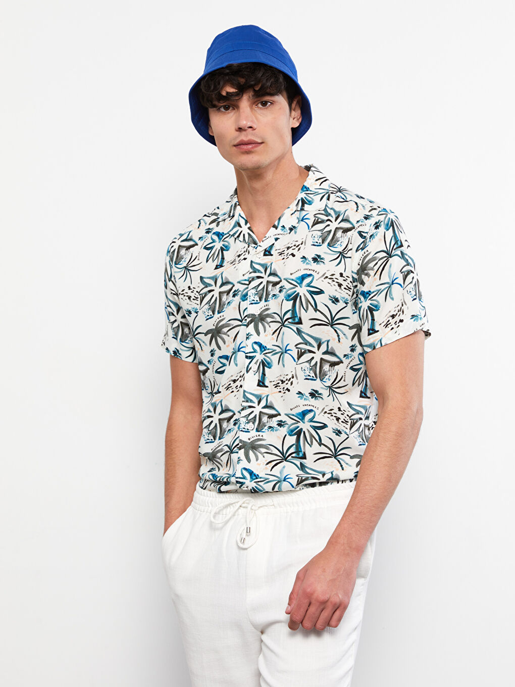 Bej Slim Fit Kısa Kollu Desenli Viskon Erkek Gömlek-1