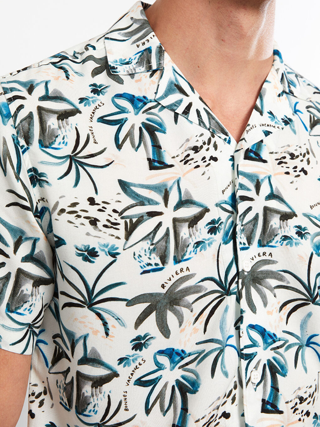 Bej Slim Fit Kısa Kollu Desenli Viskon Erkek Gömlek-3