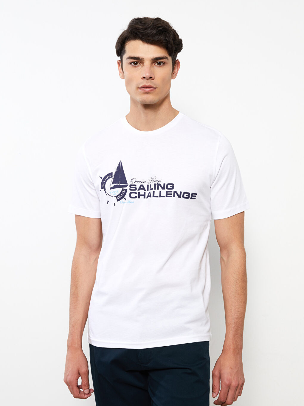 Beyaz Bisiklet Yaka Kısa Kollu Baskılı Penye Erkek Tişört