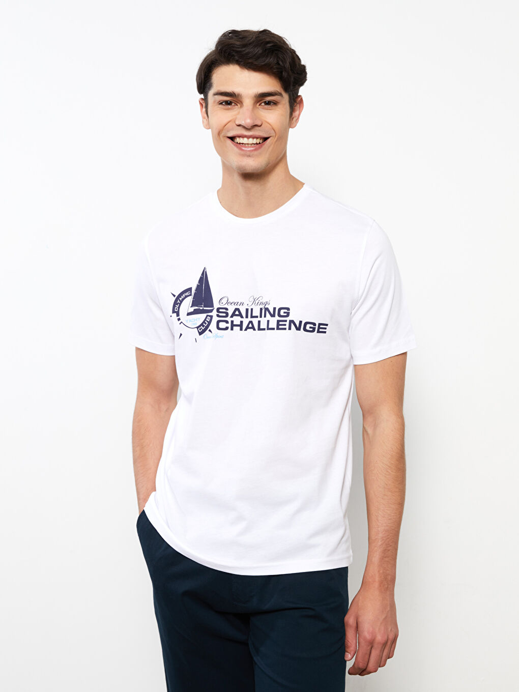 Beyaz Bisiklet Yaka Kısa Kollu Baskılı Penye Erkek Tişört-1