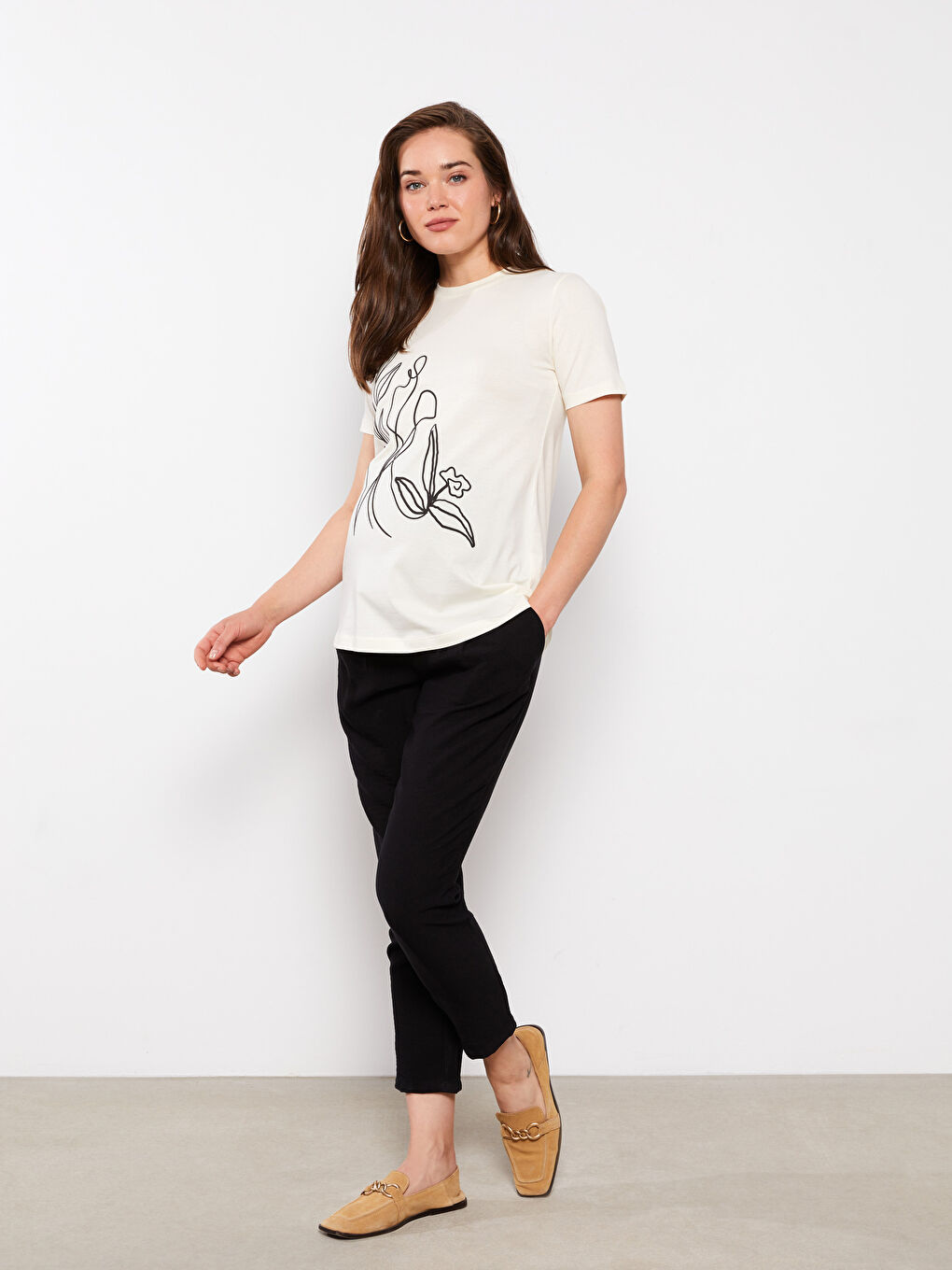 LCW Crew Neck Printed Short Sleeve Cotton Maternity T-shirt -S2JA06Z8-FDL