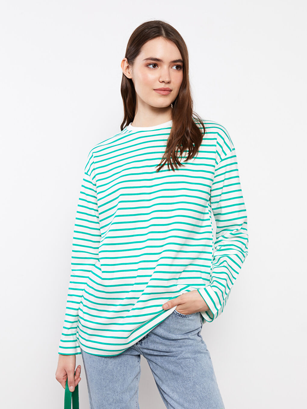 Yeşil Bisiklet Yaka Çizgili Uzun Kollu Kadın Tunik