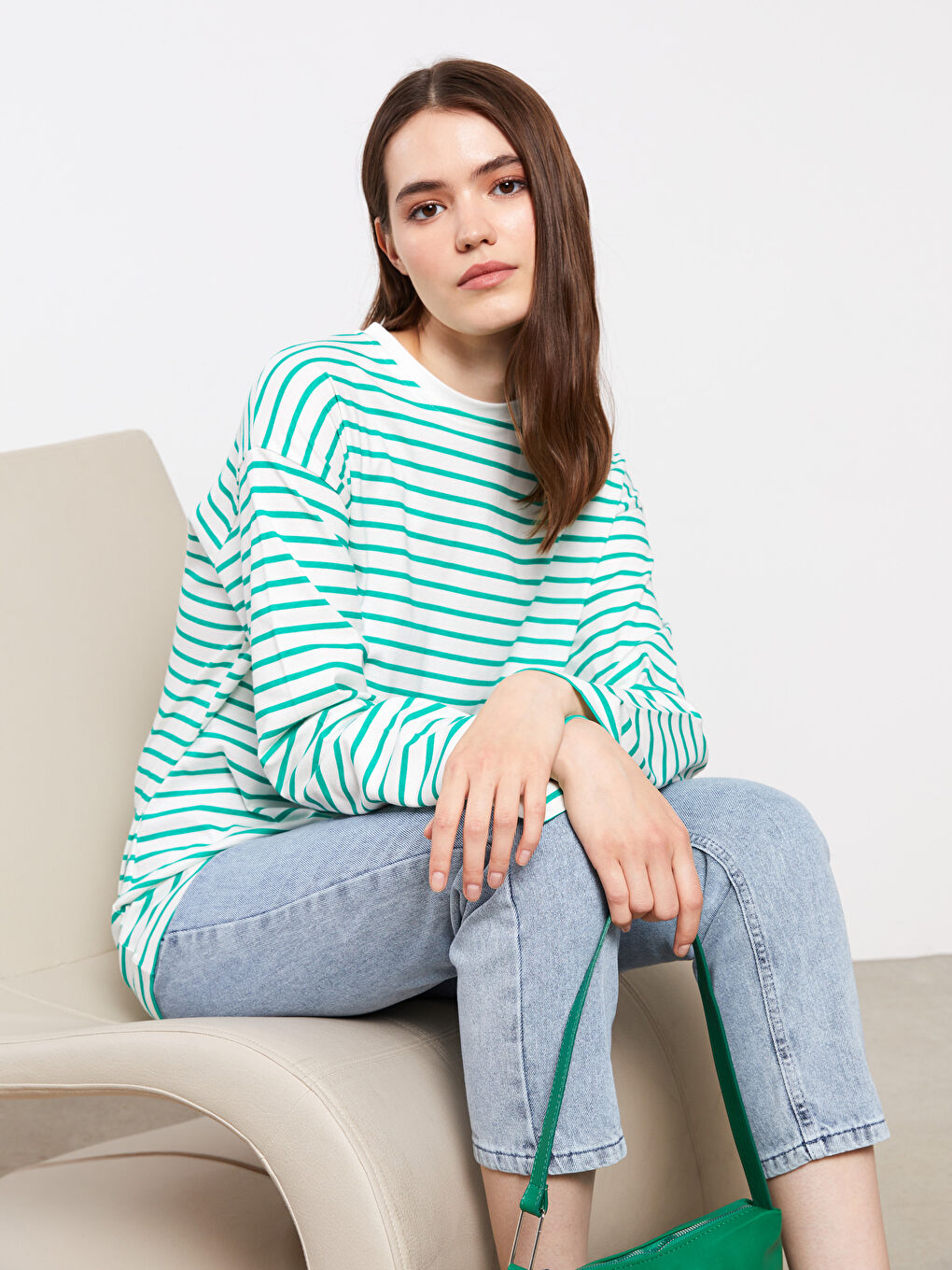 Yeşil Bisiklet Yaka Çizgili Uzun Kollu Kadın Tunik-1