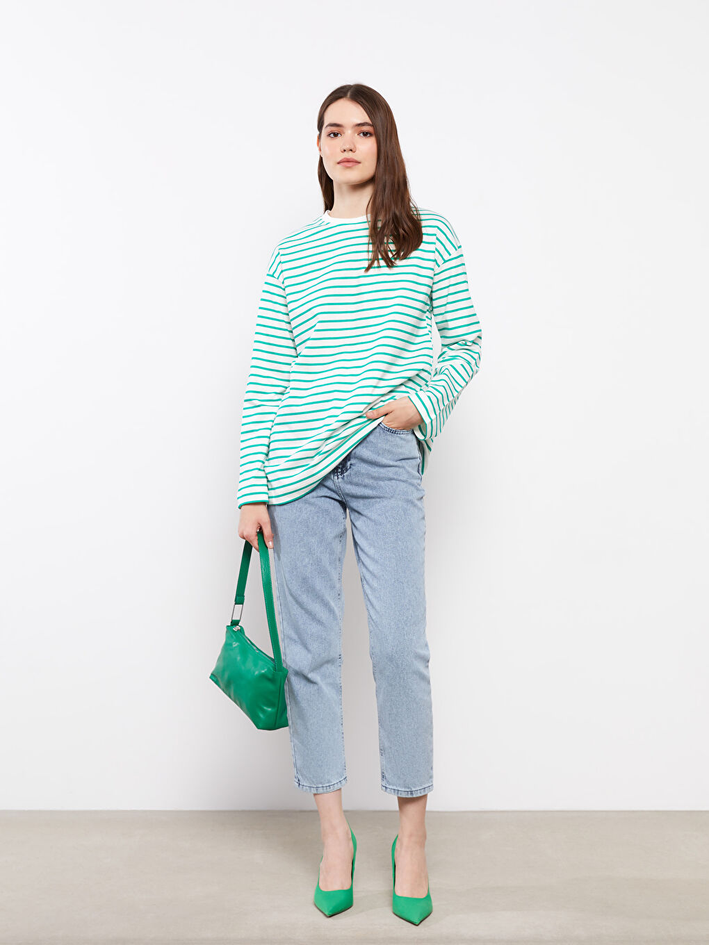 Yeşil Bisiklet Yaka Çizgili Uzun Kollu Kadın Tunik-2