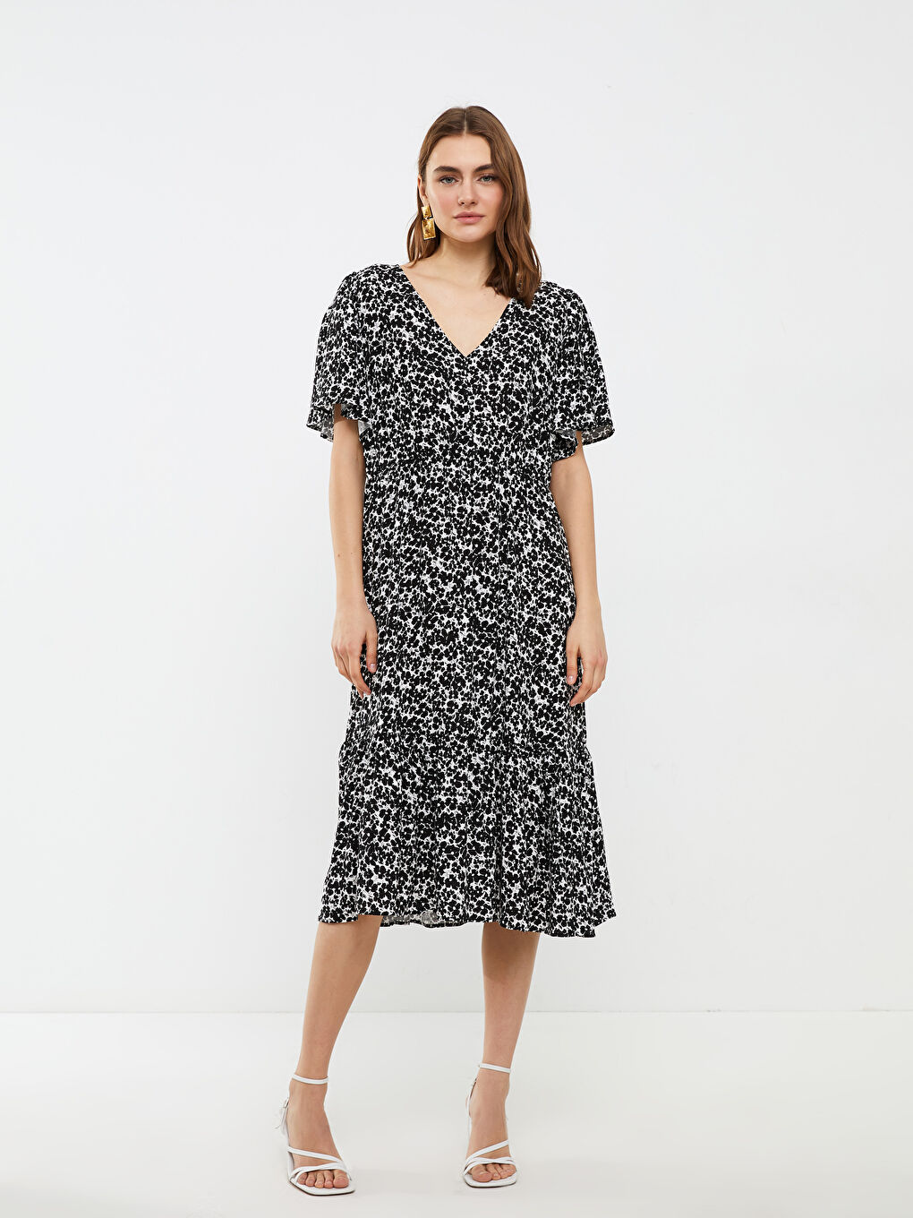 Plus Size V-Neck Patterned Short Sleeve Viscose Women's Dress