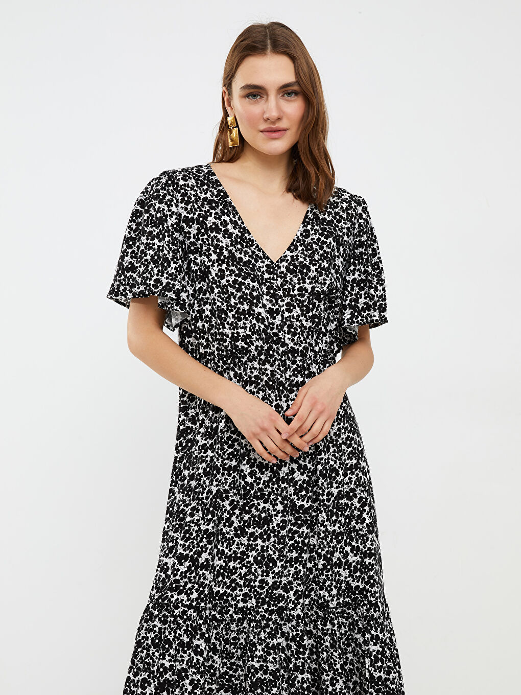 Plus Size V-Neck Patterned Short Sleeve Viscose Women's Dress-2