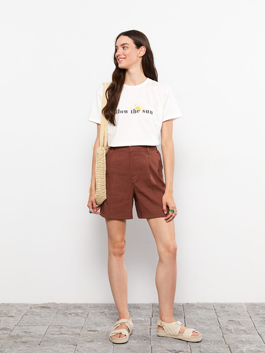 Rundhalsausschnitt Bedrucktes Kurzarm Baumwolle T-Shirt für Damen-1