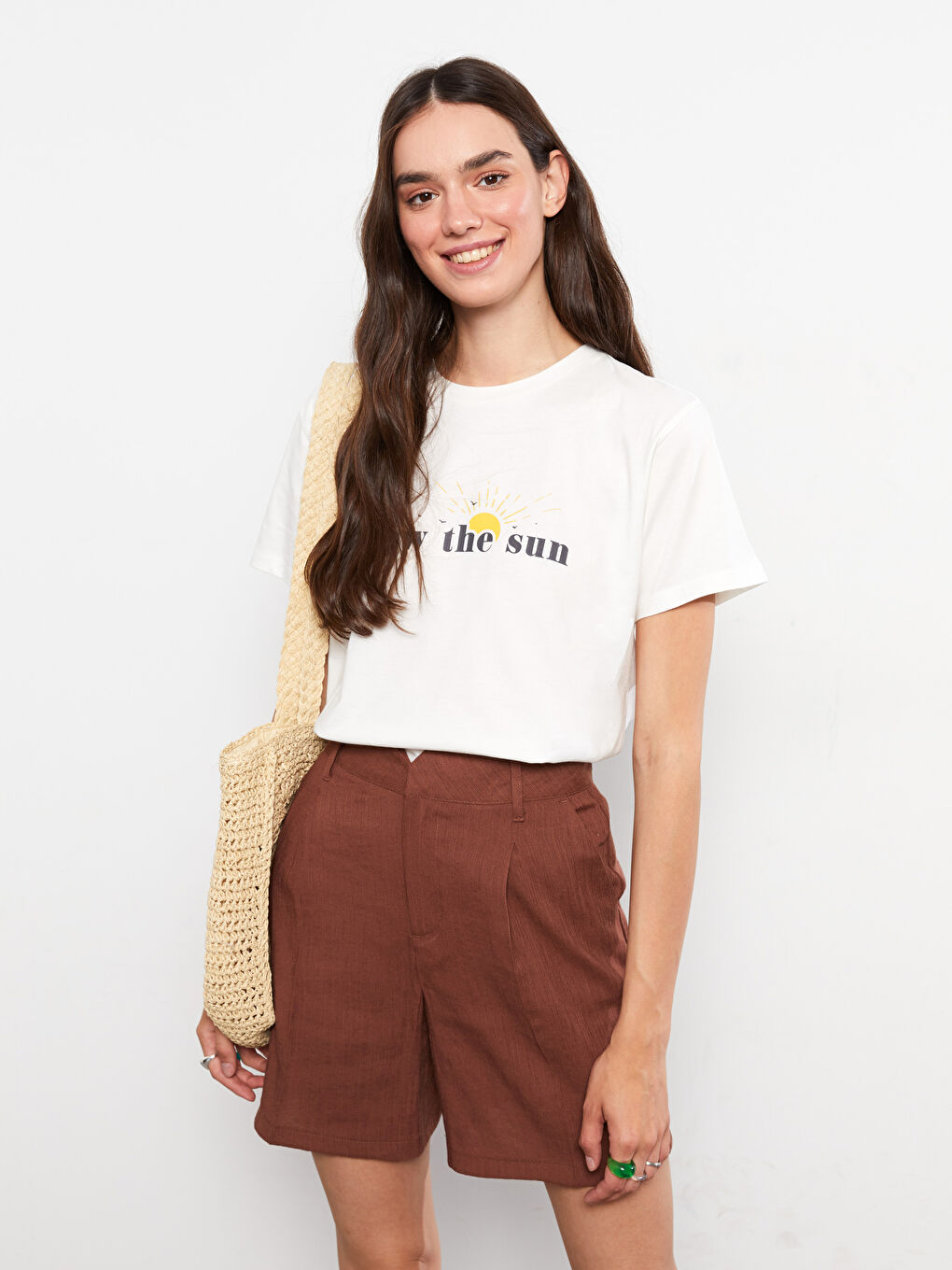 Rundhalsausschnitt Bedrucktes Kurzarm Baumwolle T-Shirt für Damen-2