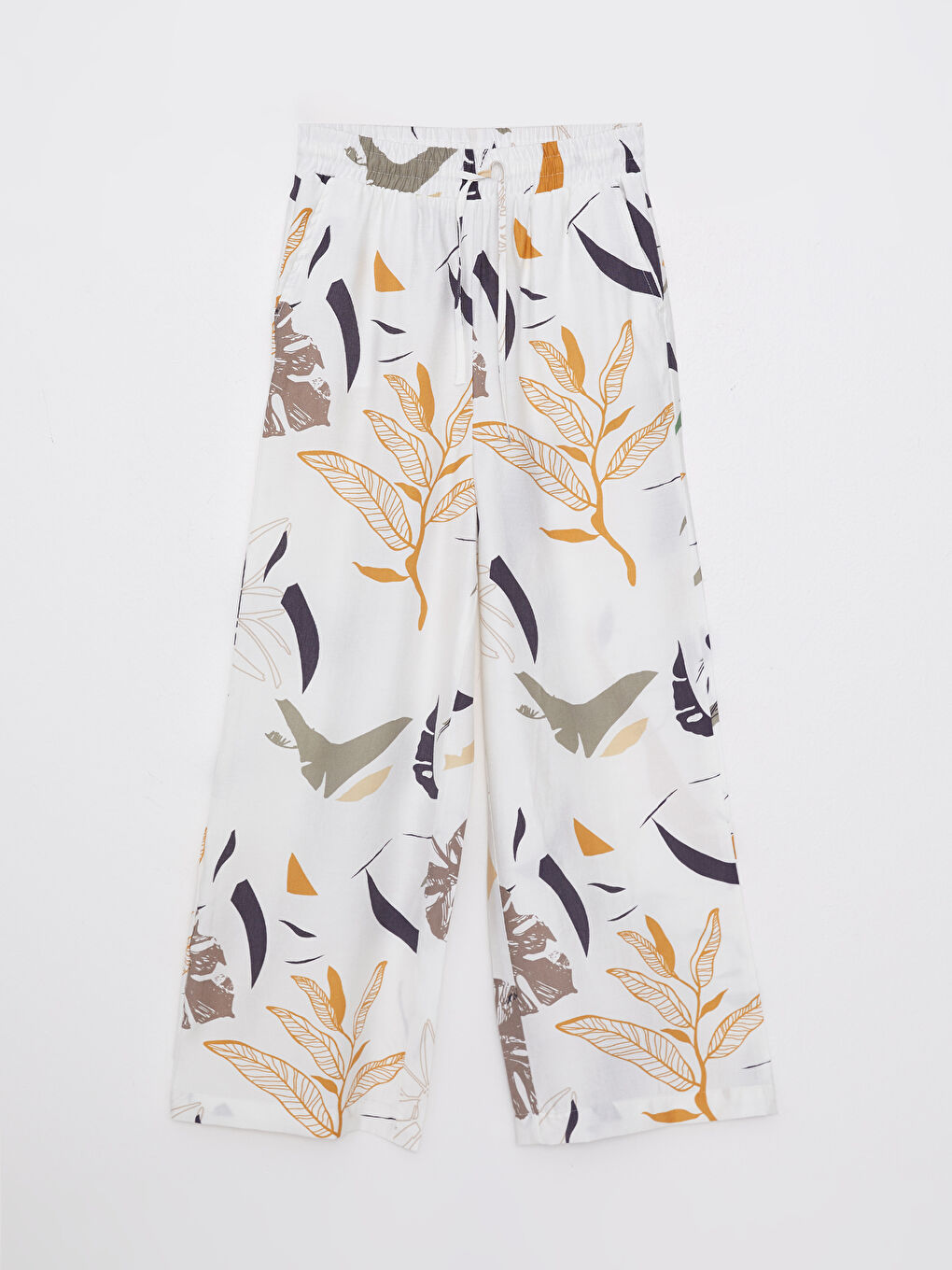 Bej Beli Lastikli Standart Fit Desenli Kadın Pantolon-5