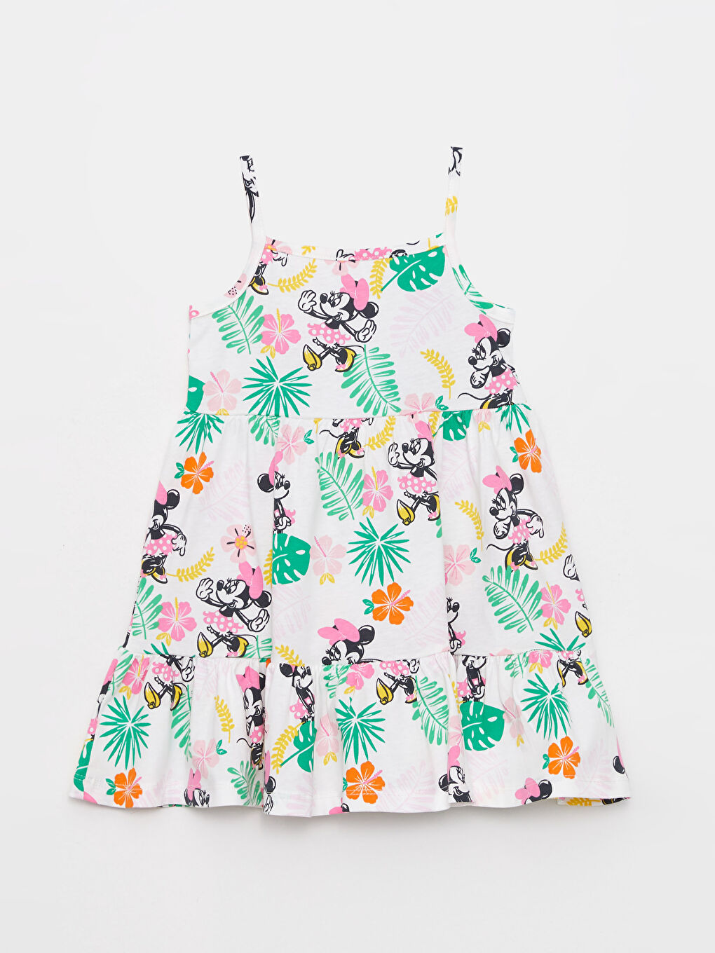 Karışık Kare Yaka Askılı Minnie Mouse Baskılı Kız Bebek Elbise-4
