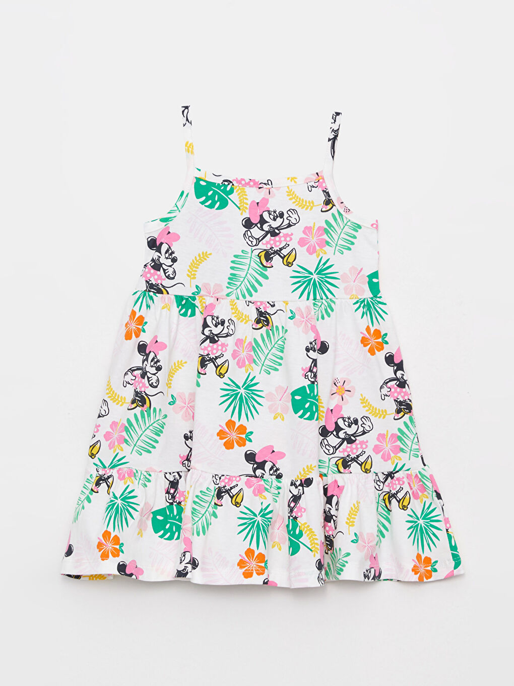 Karışık Kare Yaka Askılı Minnie Mouse Baskılı Kız Bebek Elbise-5