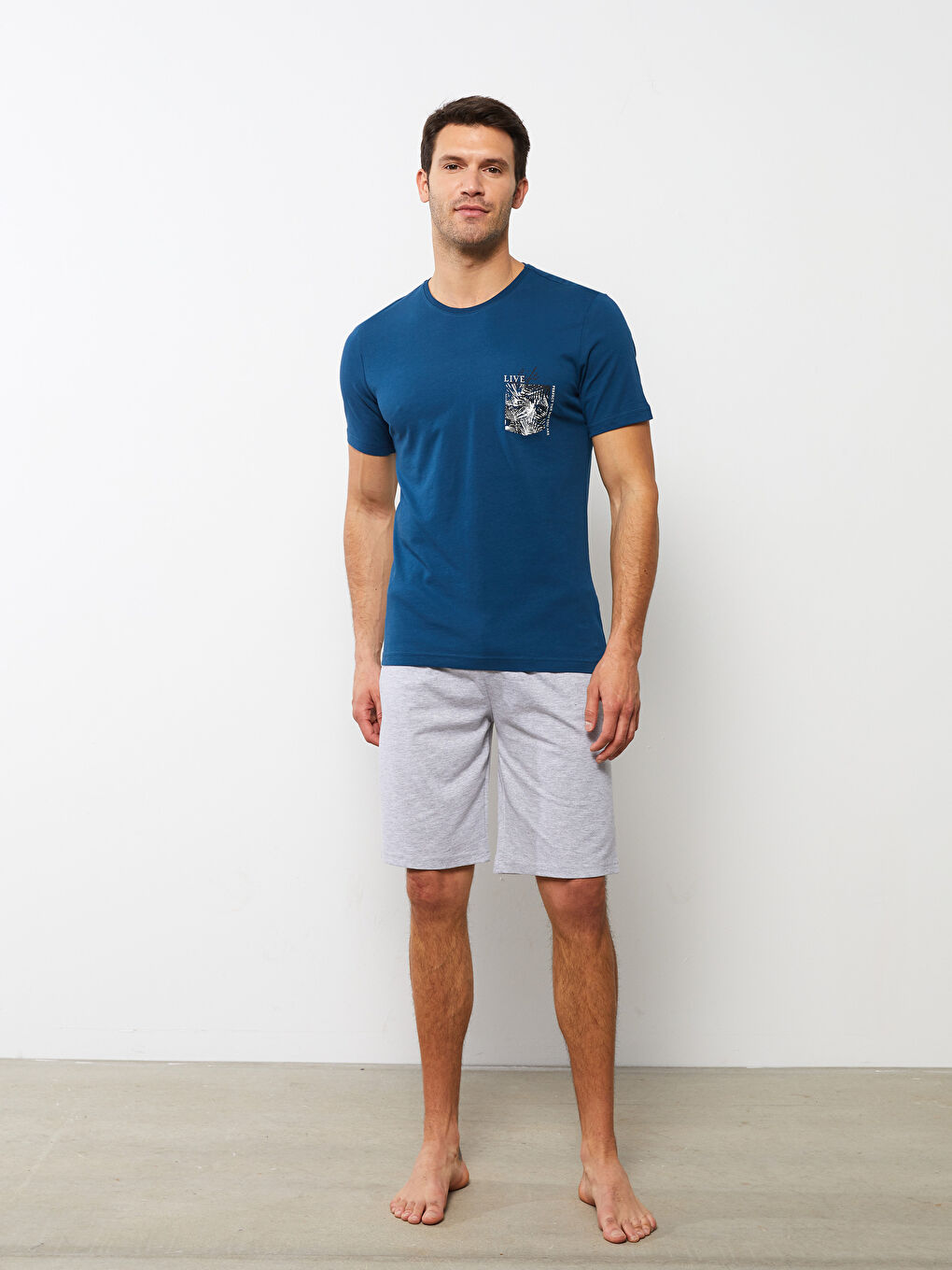 Gri Standart Kalıp Erkek Şortlu Pijama Takımı