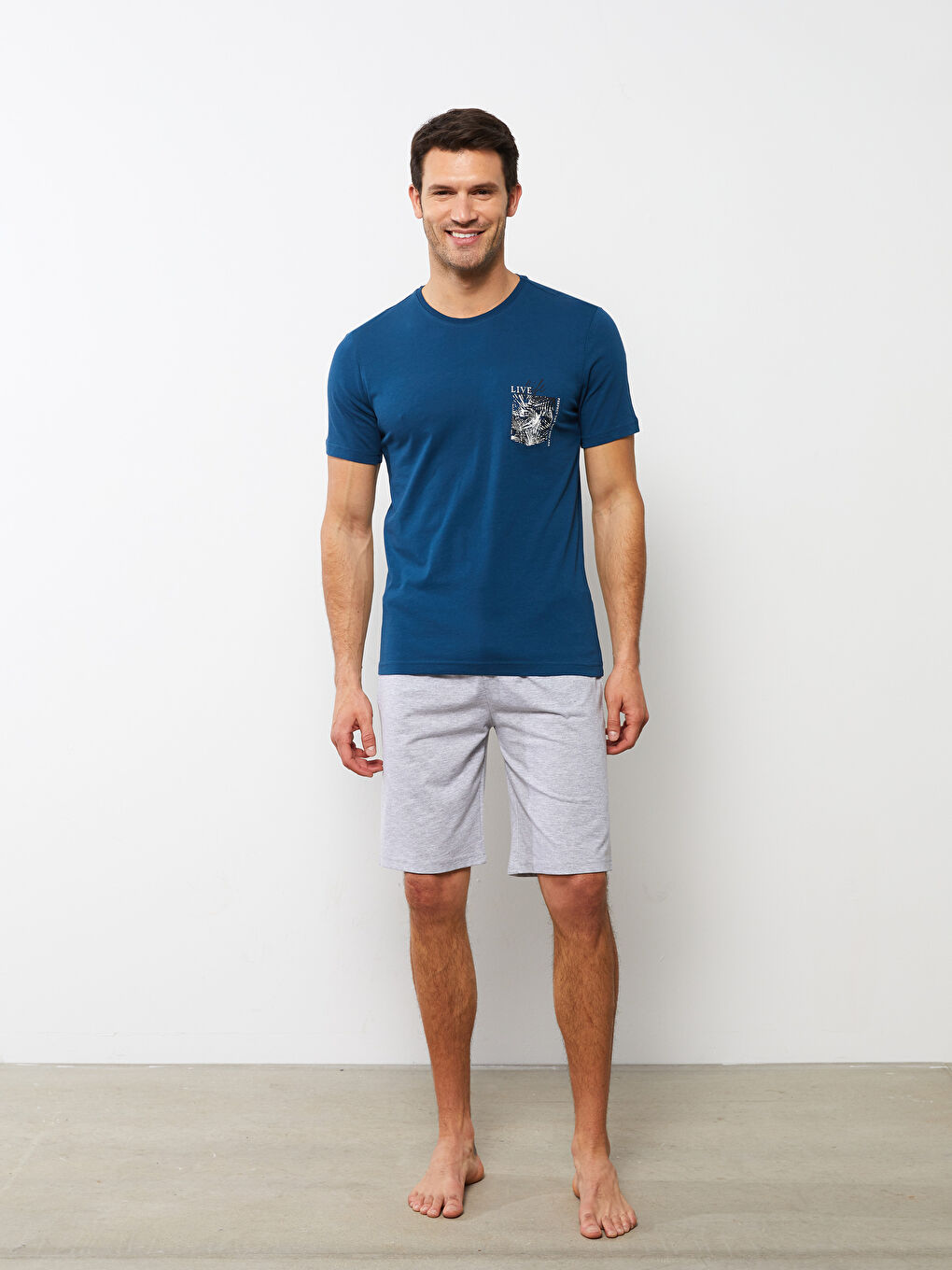 Gri Standart Kalıp Erkek Şortlu Pijama Takımı-1