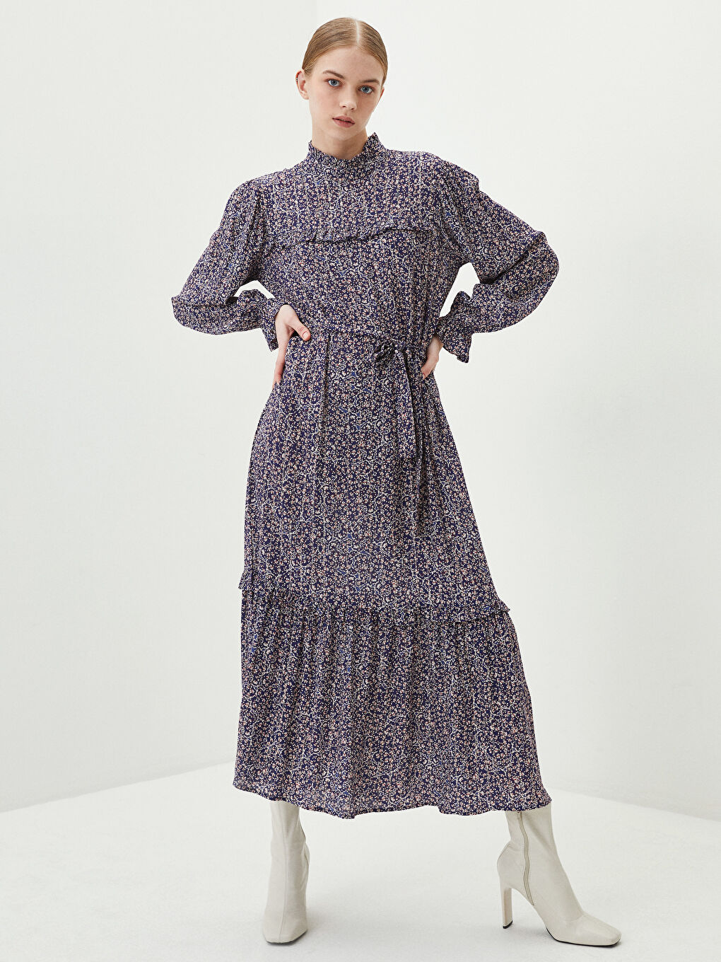 High Collar Patterned Long Sleeve Viscose Women's Dress