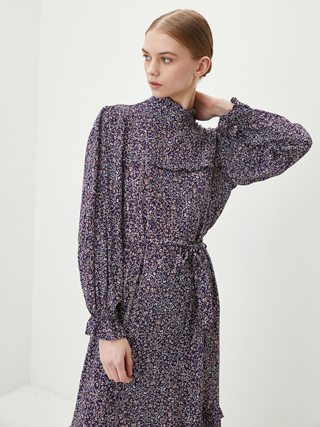 High Collar Patterned Long Sleeve Viscose Women's Dress-1