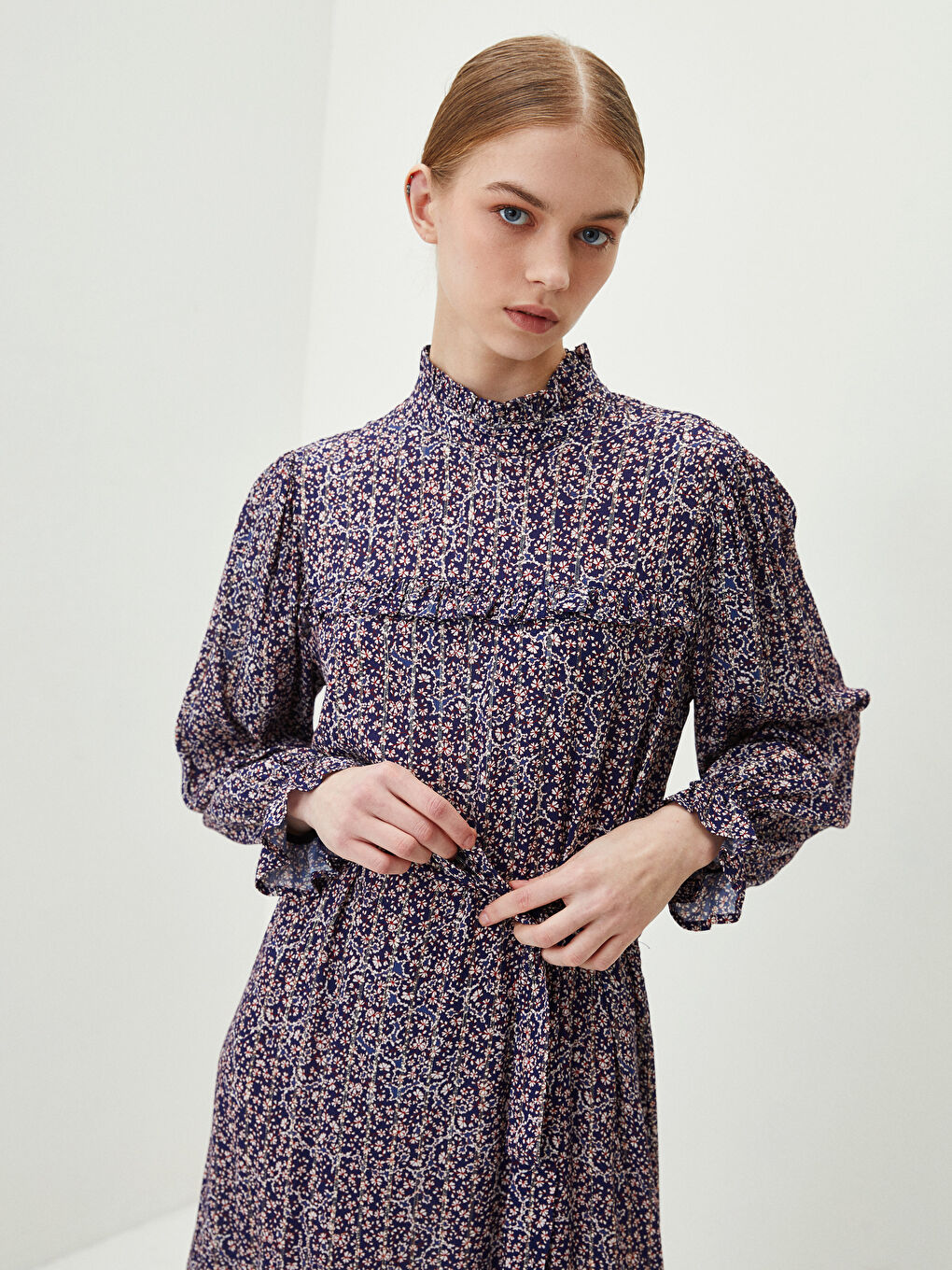 High Collar Patterned Long Sleeve Viscose Women's Dress-2