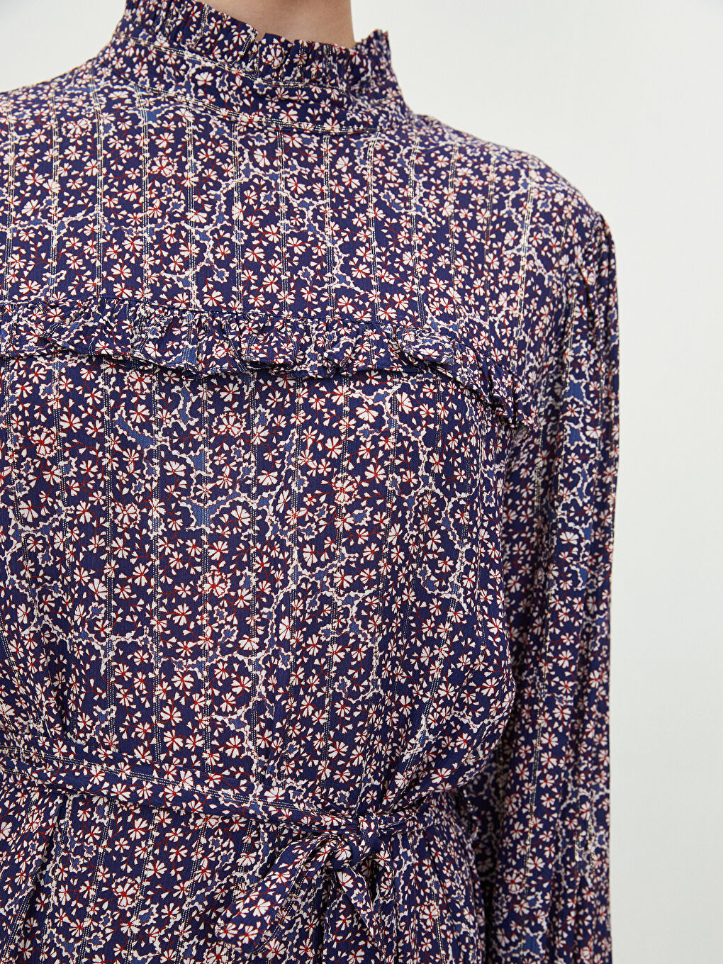 High Collar Patterned Long Sleeve Viscose Women's Dress-3