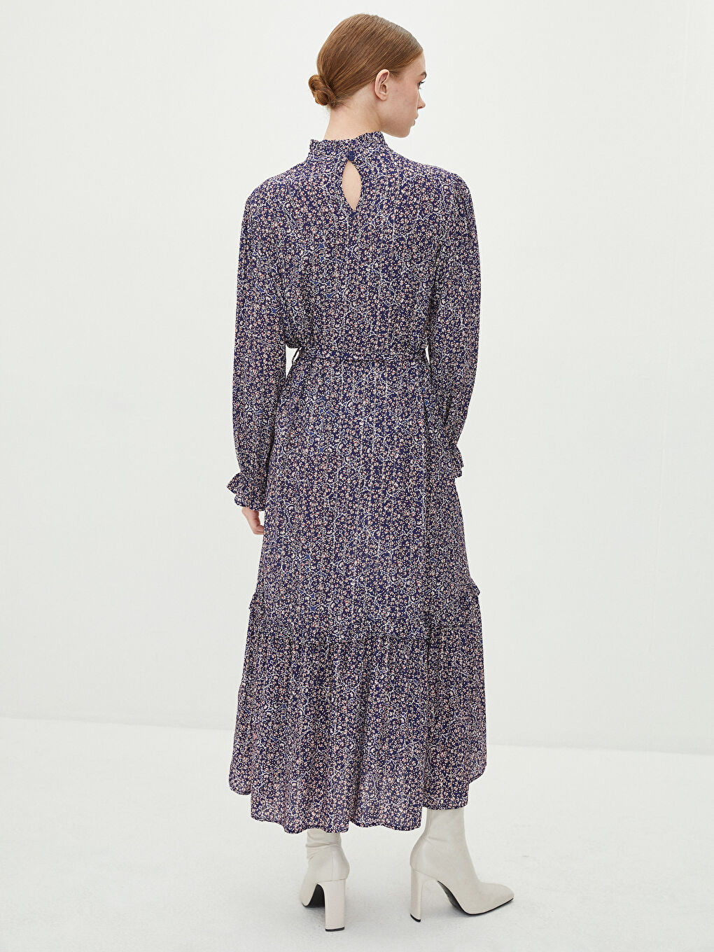 High Collar Patterned Long Sleeve Viscose Women's Dress-4