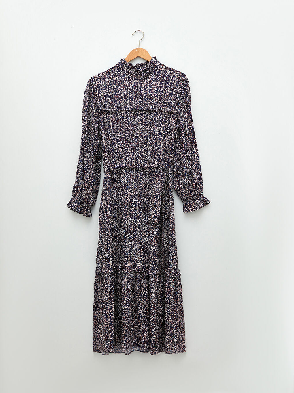 High Collar Patterned Long Sleeve Viscose Women's Dress-5