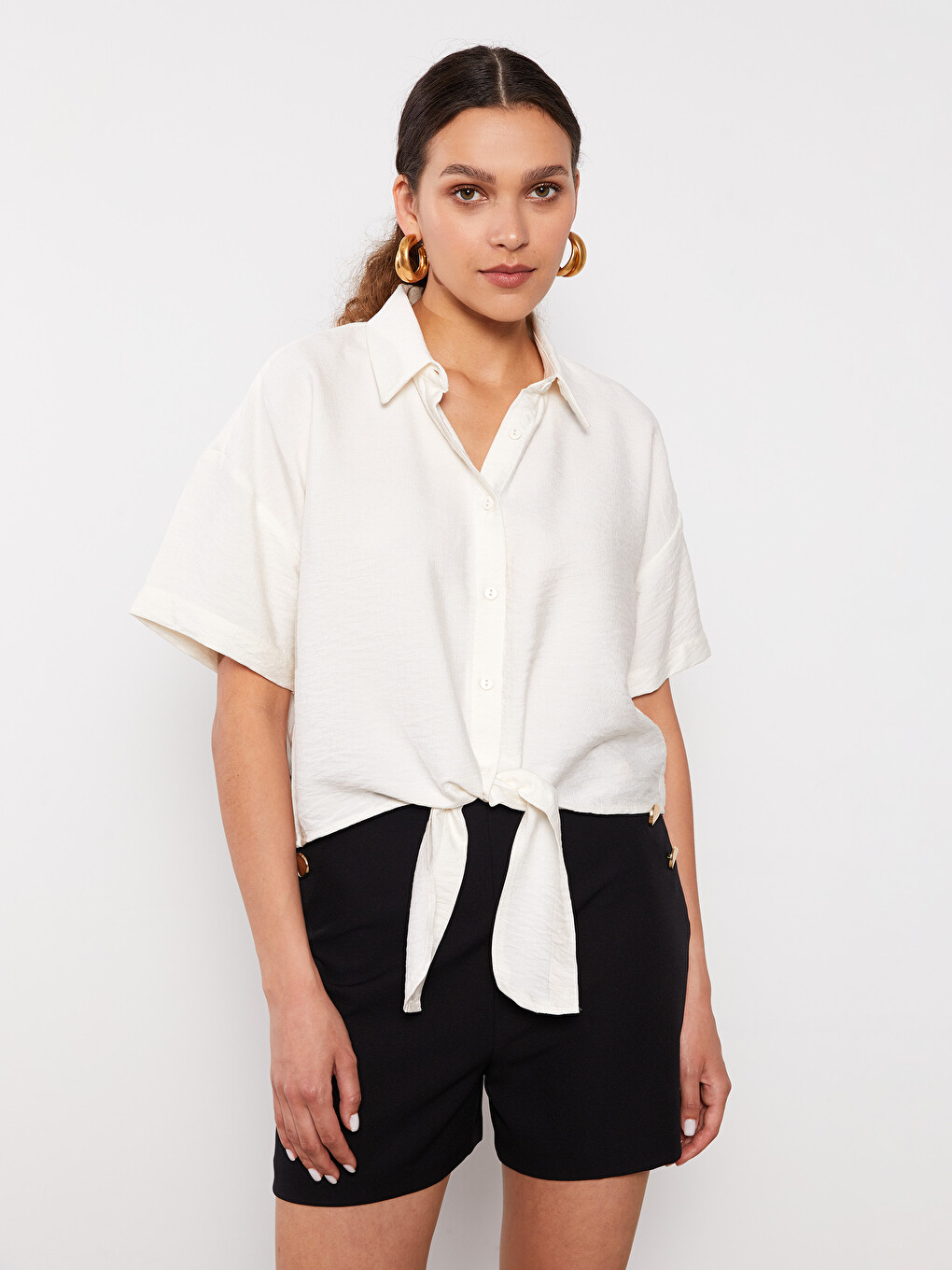Front Button Closure Straight Short Sleeve Crop Women's Shirt