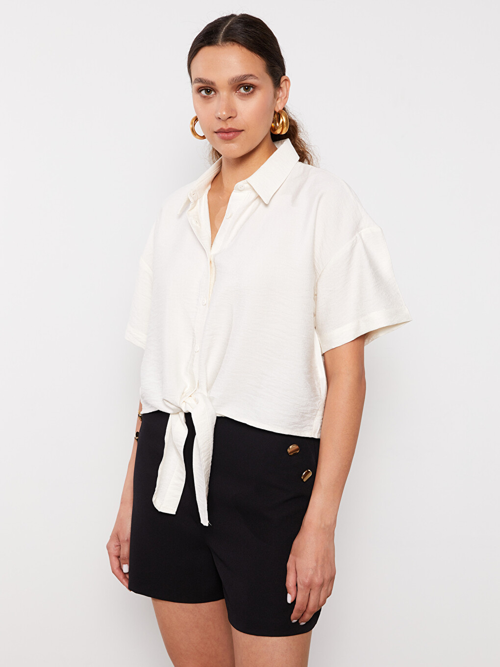 Front Button Closure Straight Short Sleeve Crop Women's Shirt-1