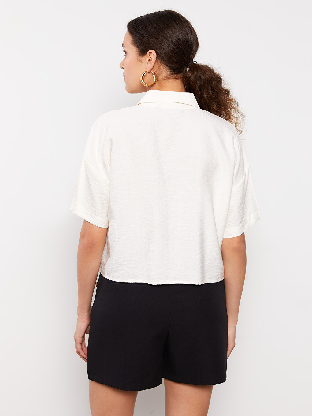 Front Button Closure Straight Short Sleeve Crop Women's Shirt-4