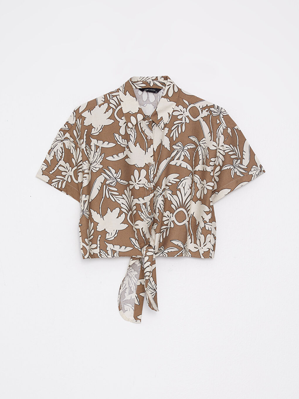 Kahverengi Önden Düğme Kapamalı Desenli Kısa Kollu Kadın Gömlek-5