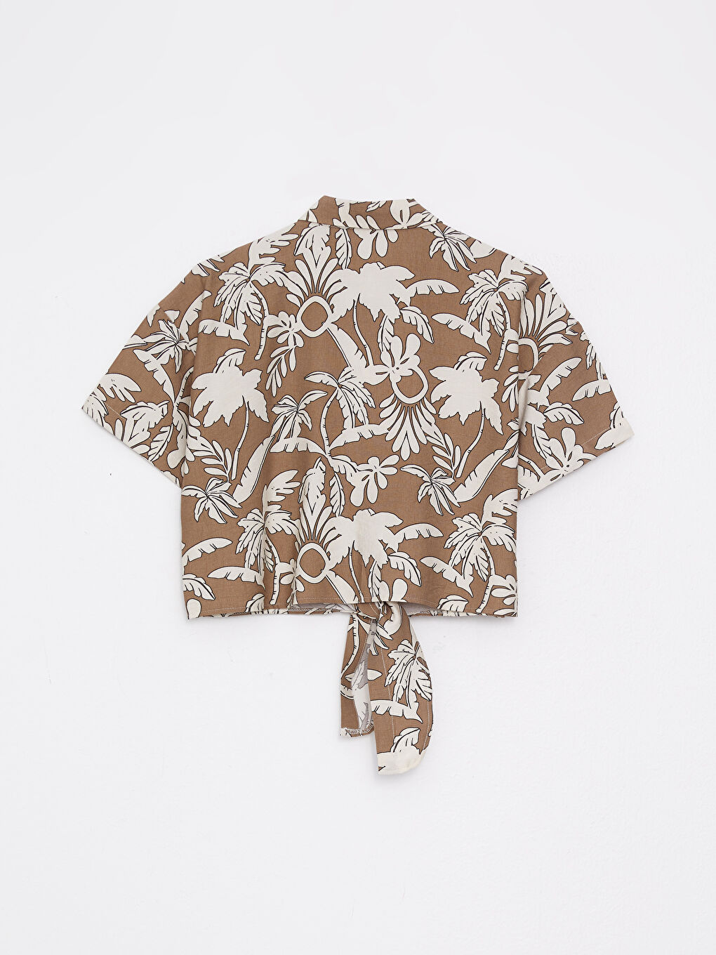 Kahverengi Önden Düğme Kapamalı Desenli Kısa Kollu Kadın Gömlek-6