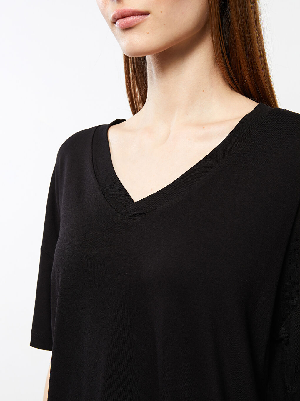 Siyah V Yaka Düz Kısa Kollu Kadın Pijama Üst-3