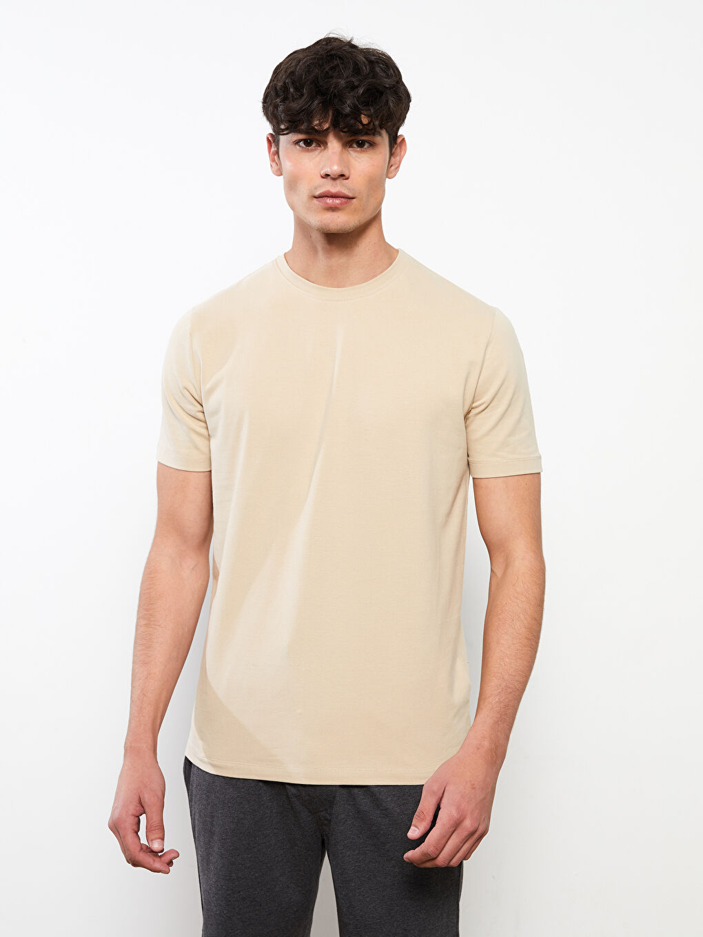 Bej Bisiklet Yaka Kısa Kollu Erkek Atlet