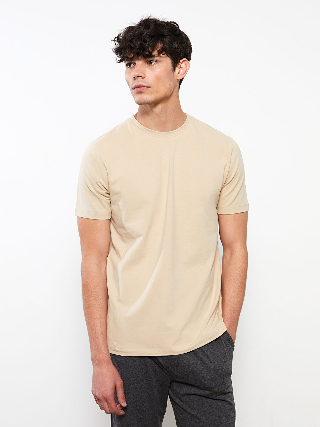 Bej Bisiklet Yaka Kısa Kollu Erkek Atlet-1