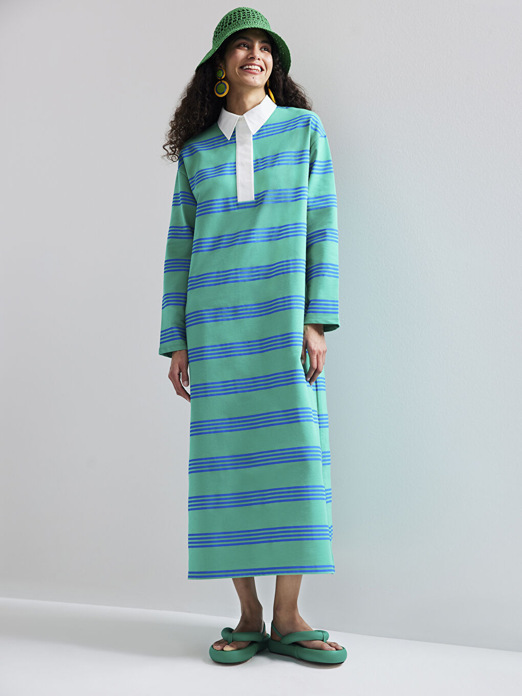 Yeşil Gömlek Yaka Çizgili Uzun Kollu Kadın Elbise