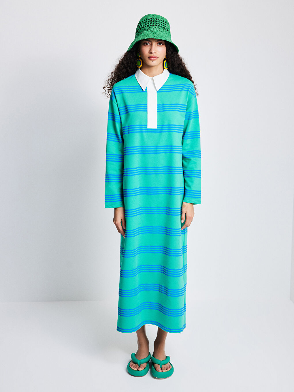 Yeşil Gömlek Yaka Çizgili Uzun Kollu Kadın Elbise-2