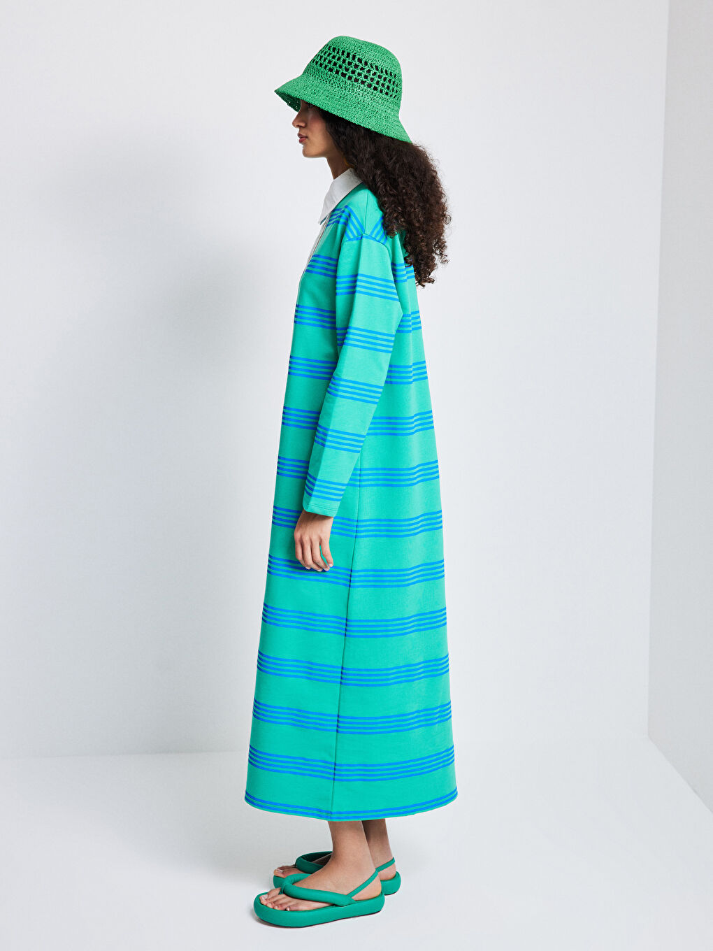 Yeşil Gömlek Yaka Çizgili Uzun Kollu Kadın Elbise-3