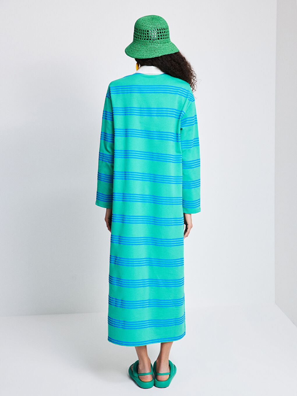 Yeşil Gömlek Yaka Çizgili Uzun Kollu Kadın Elbise-4