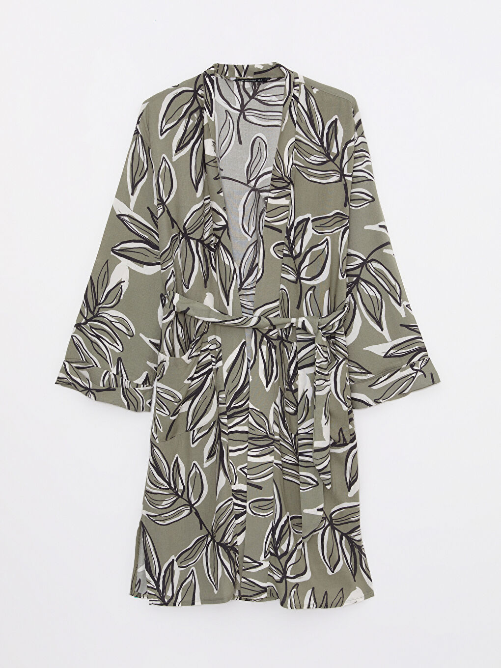 Haki Şal Yaka Desenli Uzun Kollu Viskon Kadın Kimono-5