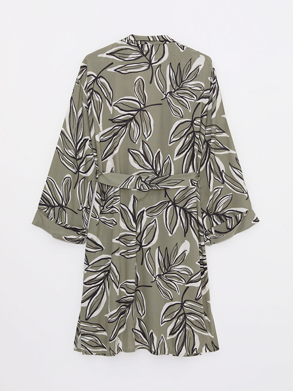 Haki Şal Yaka Desenli Uzun Kollu Viskon Kadın Kimono-6