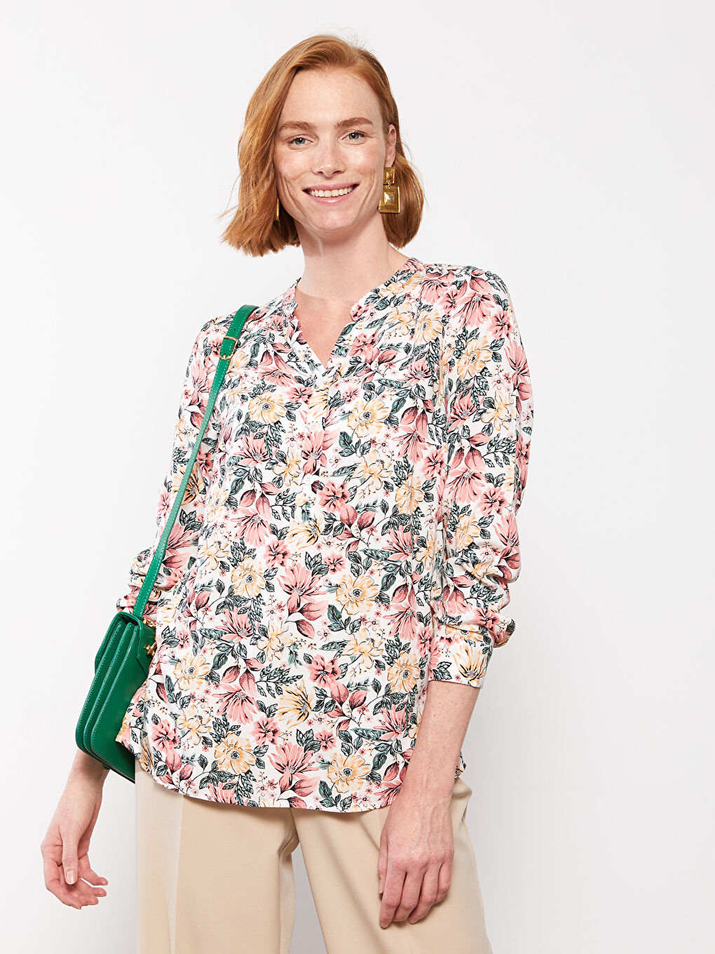 Henley Neckline Patterned Long Sleeve Viscose Women's Blouse -S2JB45Z8-F9C