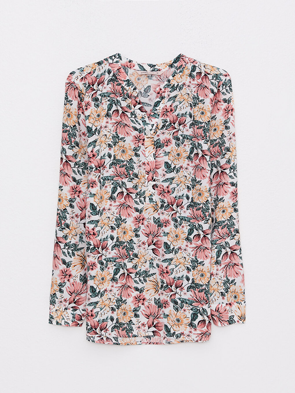 Henley Neckline Patterned Long Sleeve Viscose Women's Blouse -S2JB45Z8-F9C