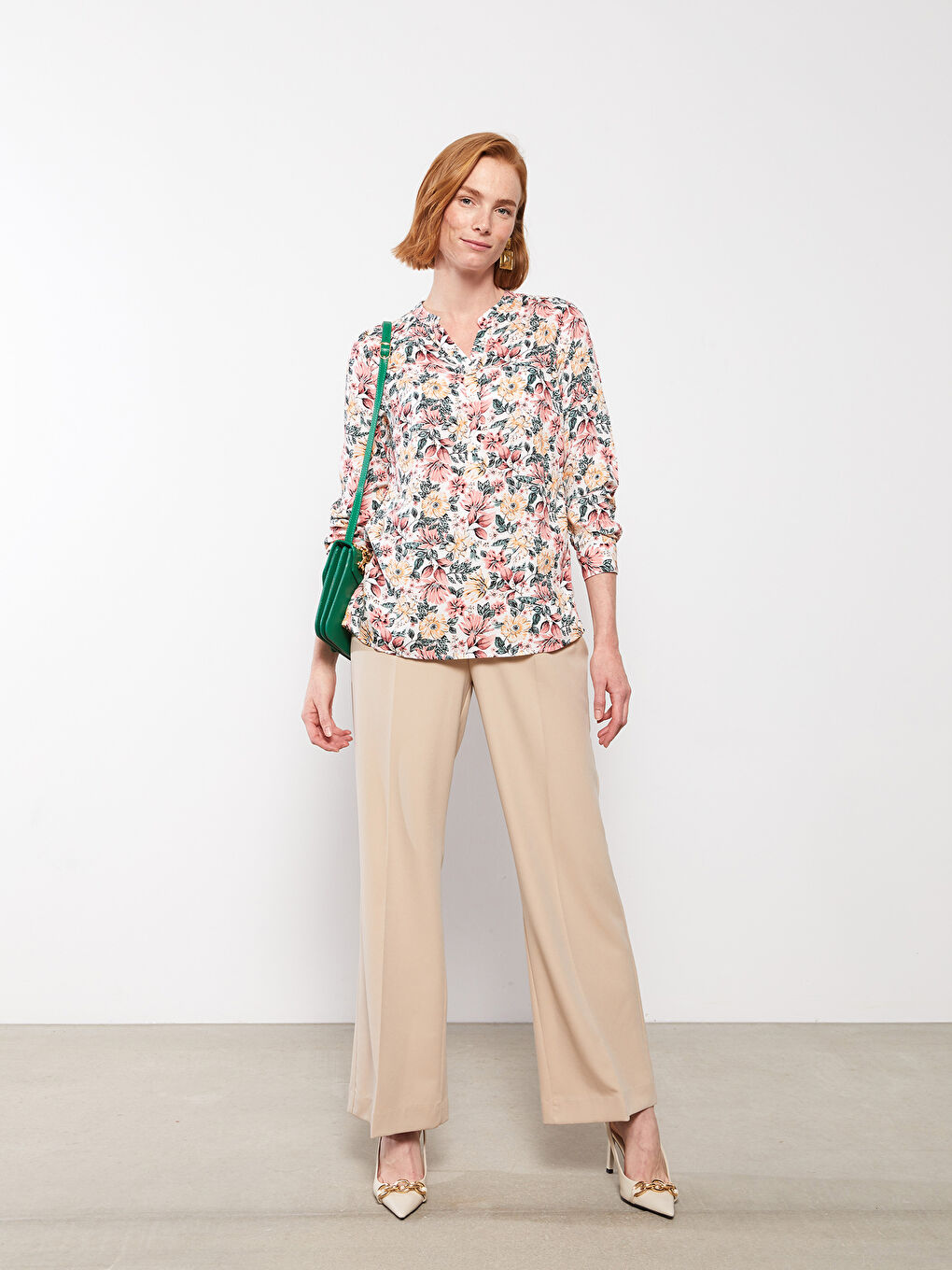 Henley Neckline Patterned Long Sleeve Viscose Women's Blouse -S2JB45Z8-F9C